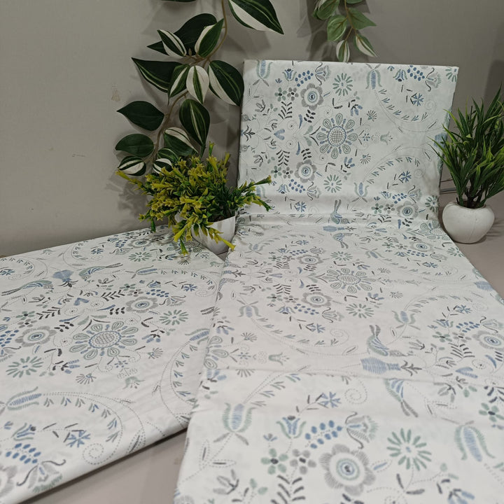 Imperial King-Size Bedsheet | 100% Cotton | 250 TC Percale | Crisp & Fresh Feel | White & Green Floral
