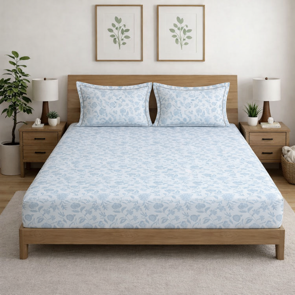 Opulence  King-Size Premium Bedsheet |  500 TC Long-Staple Cotton | Pure Petal | Blue Fog