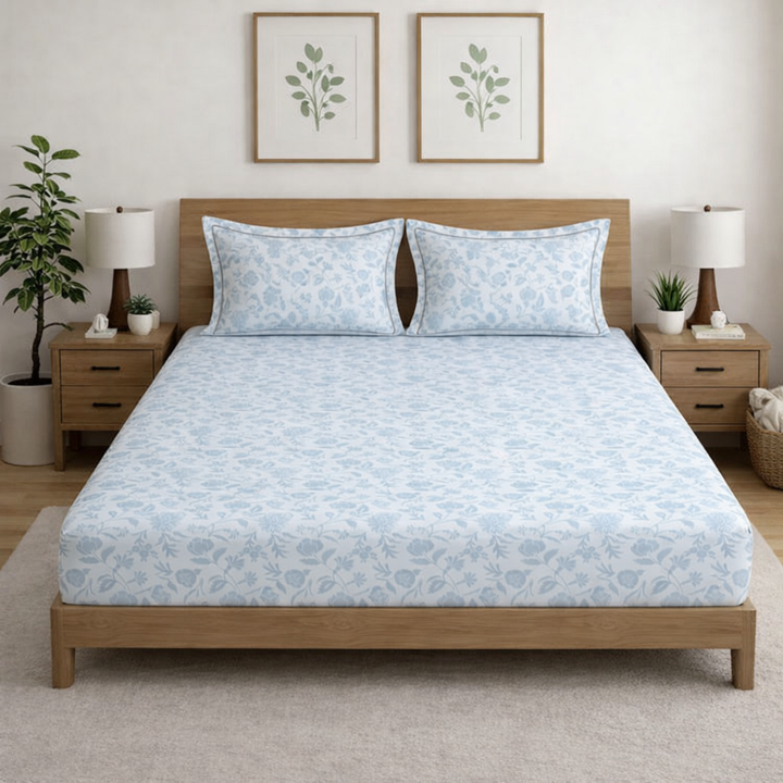 500 TC Cotton Bedsheets – Opulence Premium Collection | Pure Petal | Blue Fog