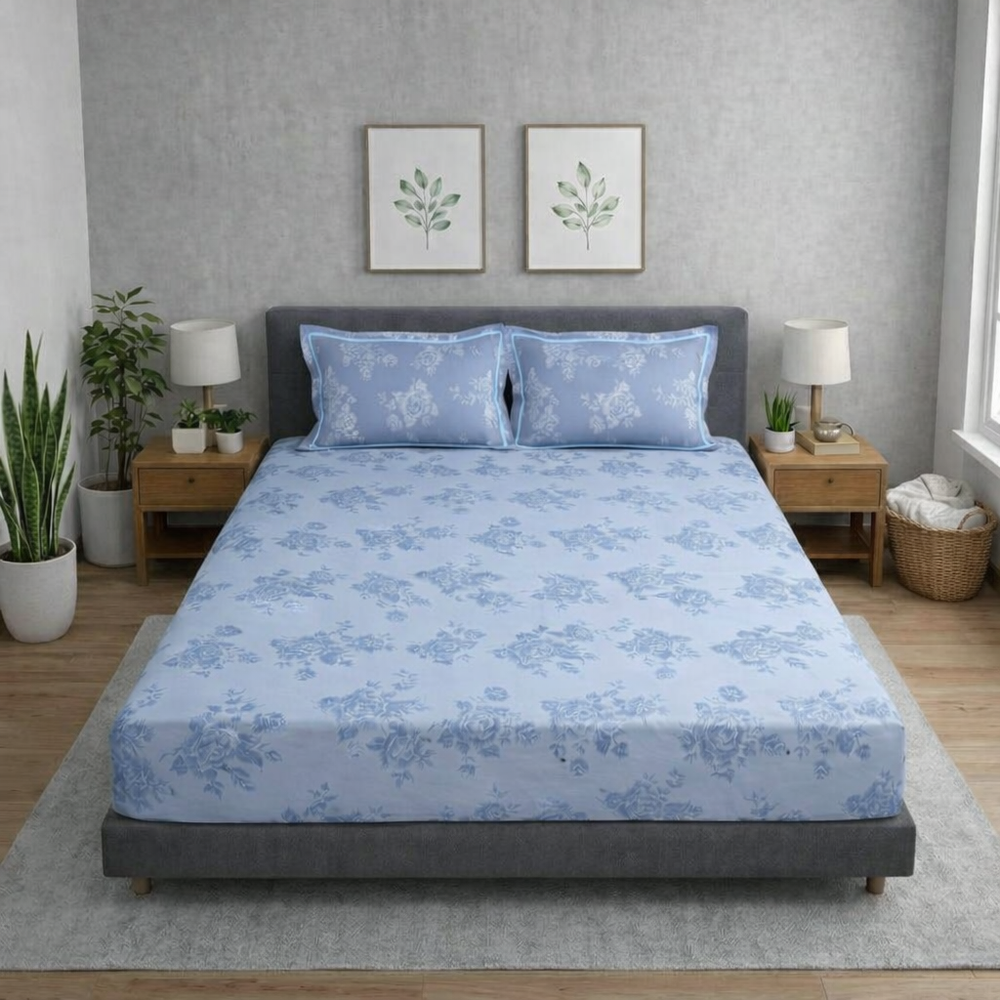Regalia  King-Size Bedsheet |  300  TC  Premium  Cotton  | Rosette | Blue Colour