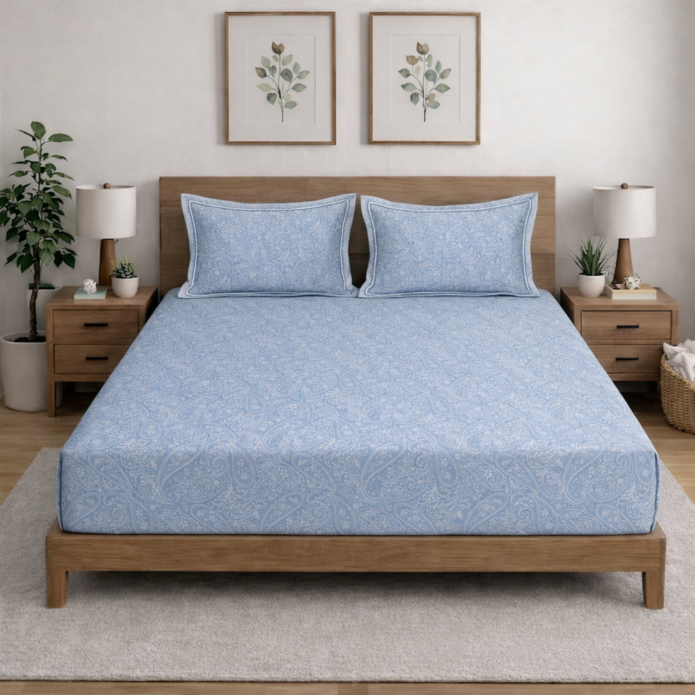 Opulence  King-Size Premium Bedsheet |  500 TC Long-Staple Cotton  | Viora | Blue Fog