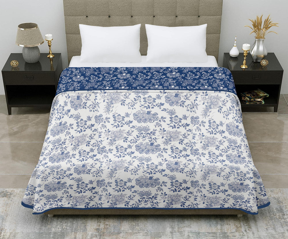Aerosoft Single Dohar | Reversible Blanket  | Cotton Feel Fabric | White Blue Floral