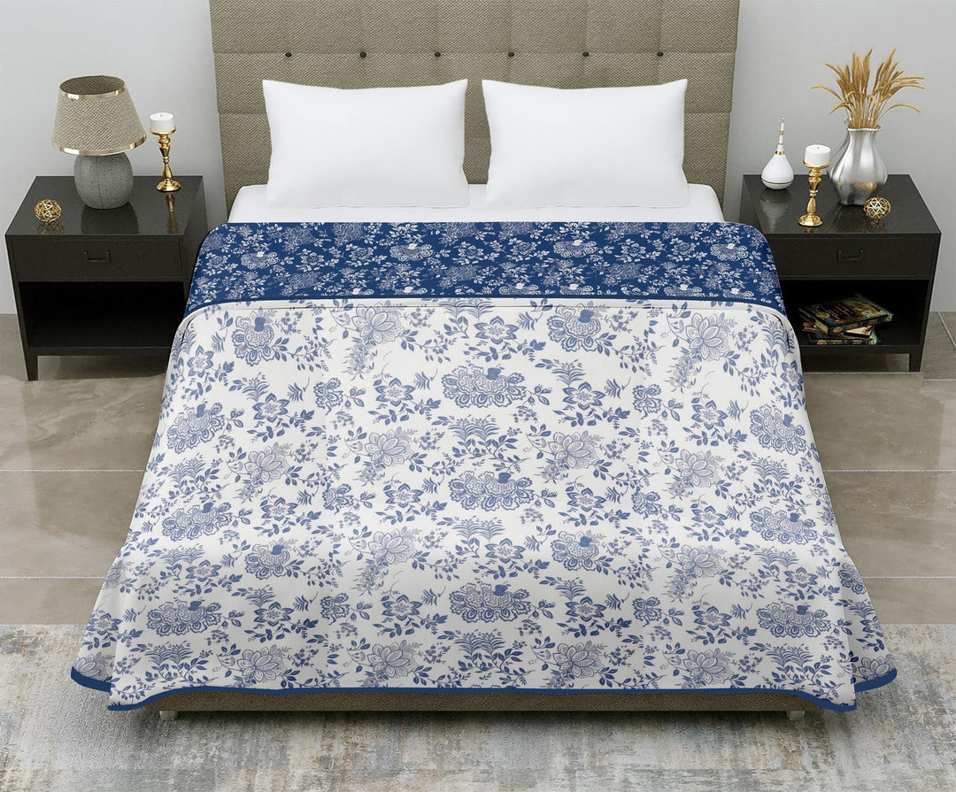 Aero Soft Single Dohar | Reversible Lightweight Blanket for AC Room & Summer Use | White Blue Floral