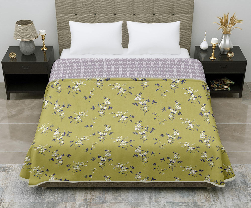 Aerosoft  Double Dohar | Reversible Blanket |  Cotton Feel Fabric  | Olive - Yellow Floral