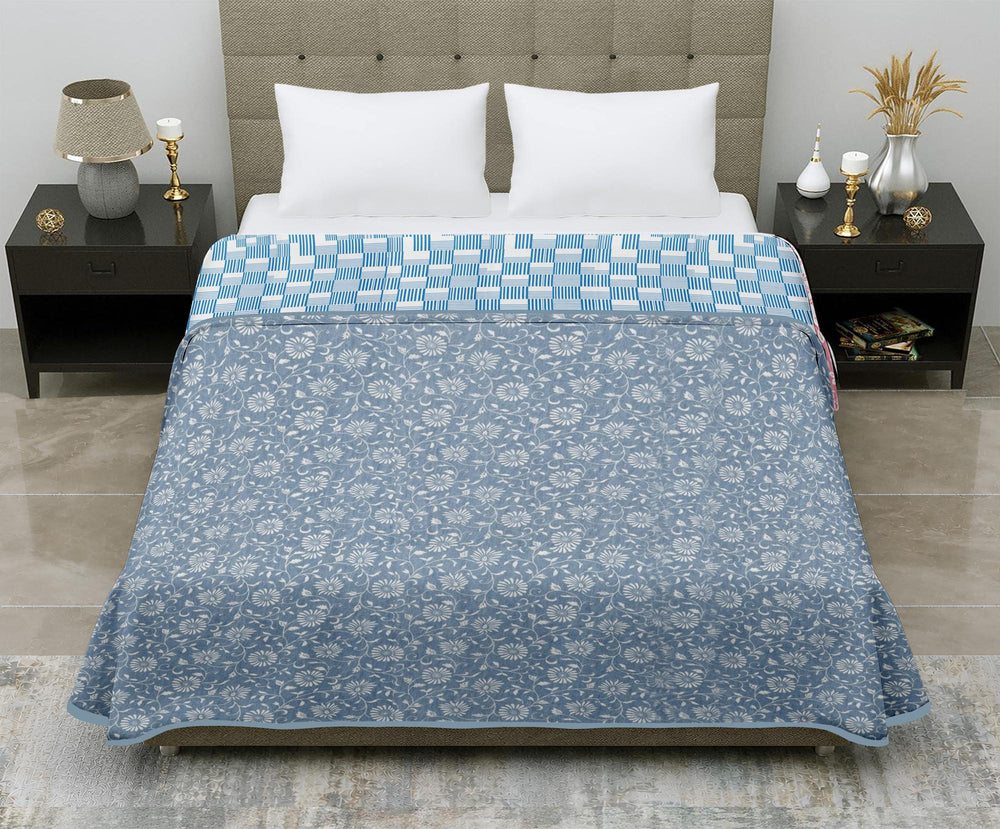 Aerosoft Single Dohar | Reversible Blanket  | Cotton Feel Fabric | White & Blue