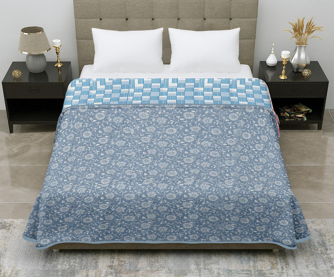 Aero Soft Single Dohar | Reversible Lightweight Blanket for AC Room & Summer Use | White Blue Floral