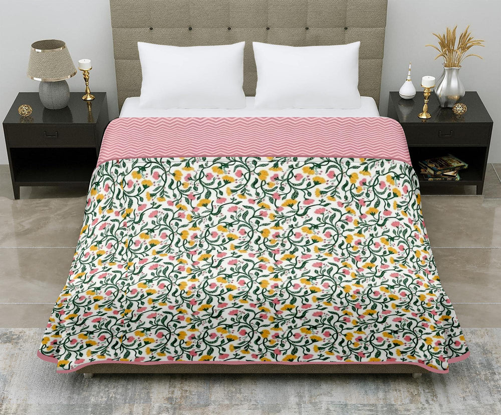 Aerosoft Single Dohar | Reversible Blanket  | Cotton Feel Fabric | Yellow & Pink Floral