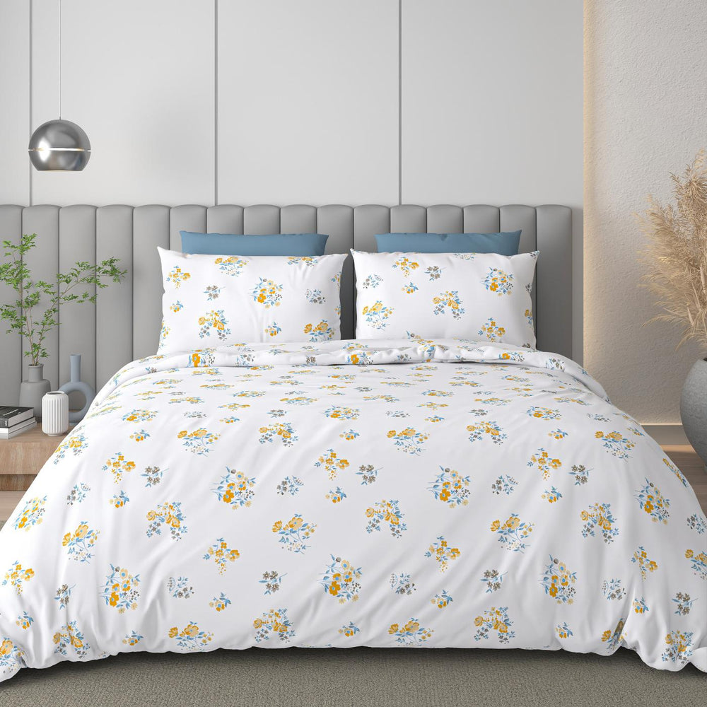 Luxe Loom King-Size Bedsheet  100% Cotton | 210 TC Sateen | Smooth & Silky Feel | Yellow & Blue Floral