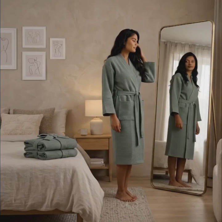Luxury Waffle Bathrobes – Soft, Lightweight & Quick-Dry Comfort-Sage Green
