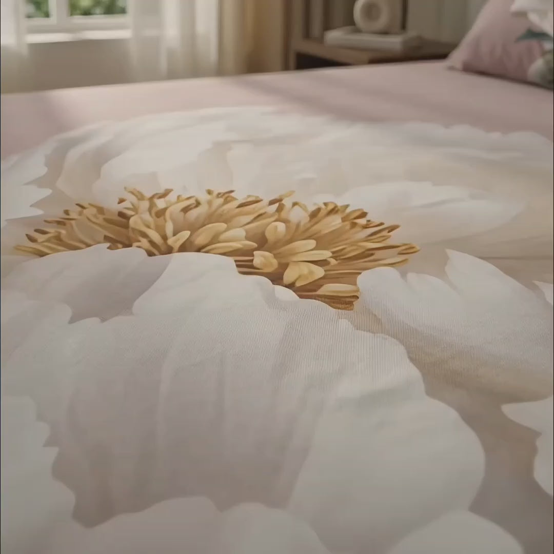 3D Aura Print Floral Bedsheet – Cotton Feel Fabric for Elegant Bedrooms | Pink White Peony Floral