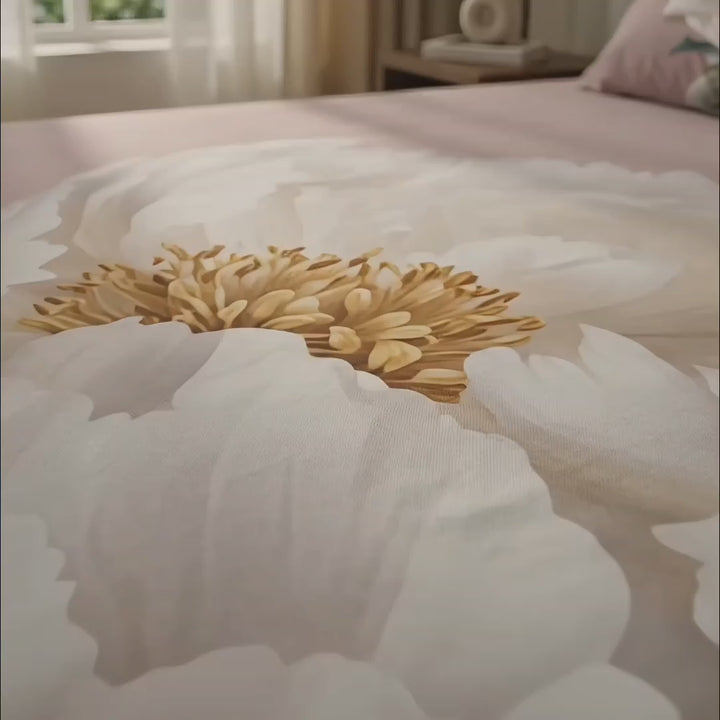 3D Aura Print Floral Bedsheet – Cotton Feel Fabric for Elegant Bedrooms | Pink White Peony Floral