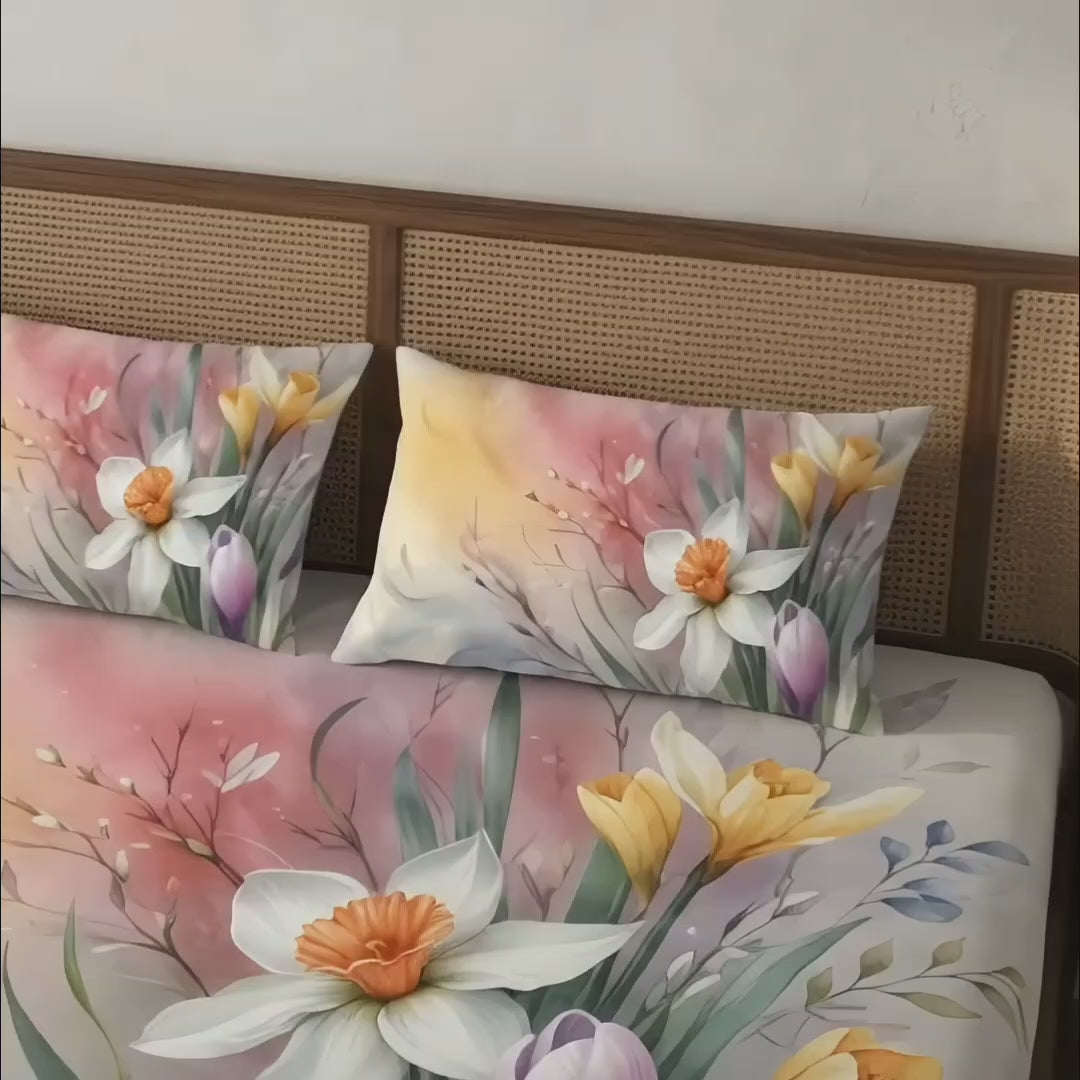 3D Aura Print Floral Bedsheet – Cotton Feel Fabric for Elegant Bedrooms | White & Pink Floral