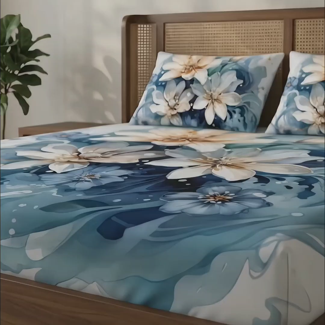 3D Aura Print Floral Bedsheet – Cotton Feel Fabric for Elegant Bedrooms | Blue & White Floral