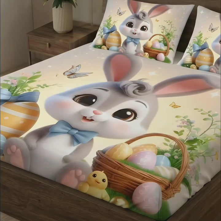 Cartoon Bunny Character Bed Sheet Set with Basket and Chicks - Aura Print