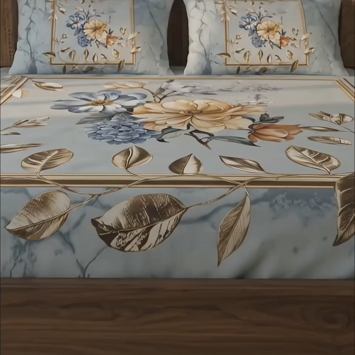 3D Aura Print Floral Bedsheet – Cotton Feel Fabric for Elegant Bedrooms | Light Blue Floral