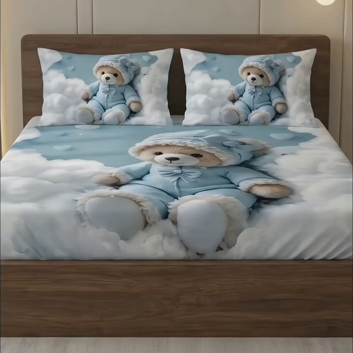 Cuddly Teddy & Fluffy Clouds Premium Bed Sheet -Aura Print