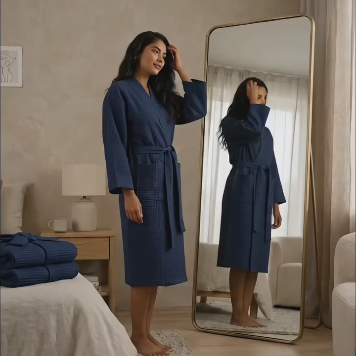 Luxury Waffle Bathrobes – Soft, Lightweight & Quick-Dry Comfort-Navy Blue