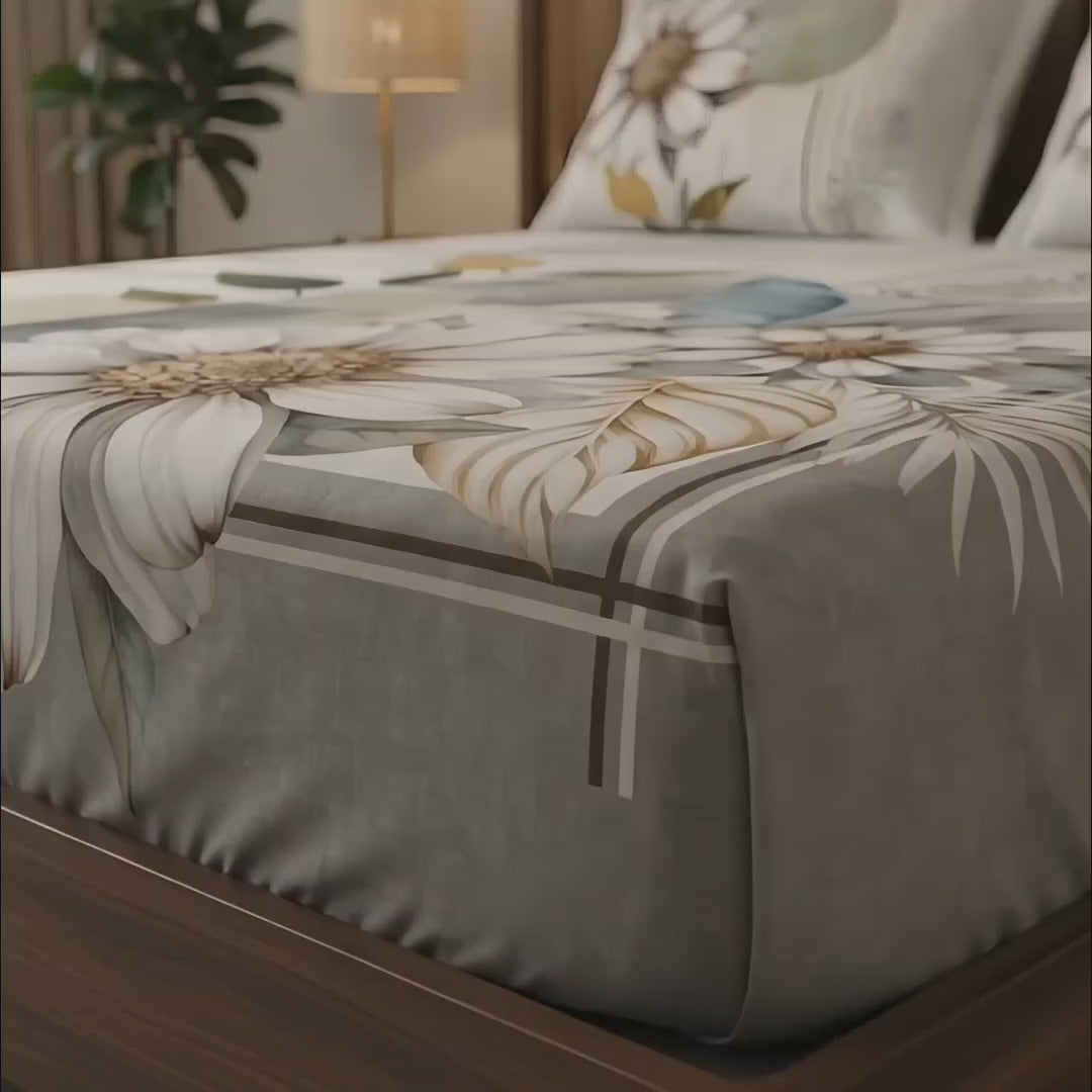 Aura  Print  3D  King-Size  Bedsheet  | White Floral  |  Cotton-Feel Realistic Prints