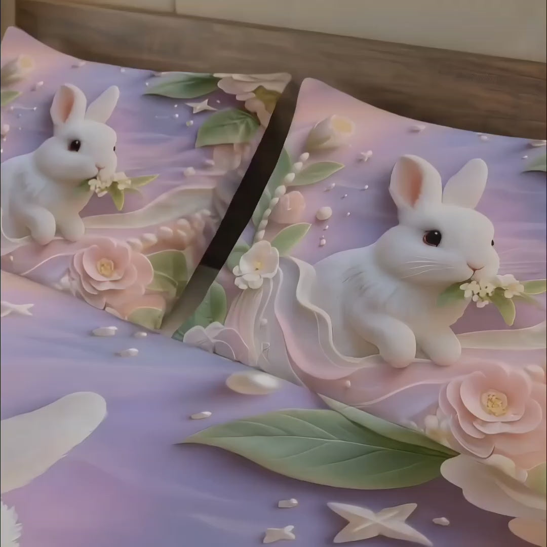Elegant Cartoon Bunny and Pink Blossoms Soft Bedding Set - Aura Print