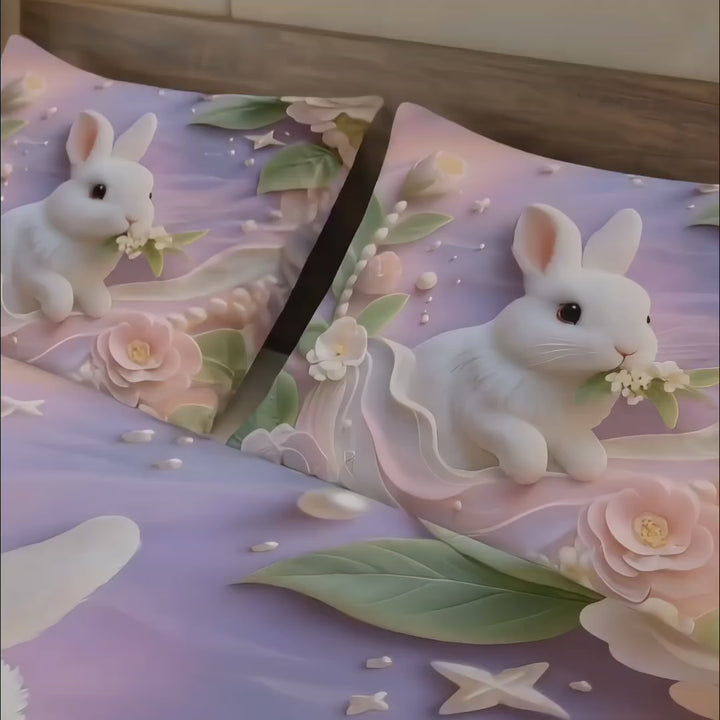 Elegant Cartoon Bunny and Pink Blossoms Soft Bedding Set - Aura Print